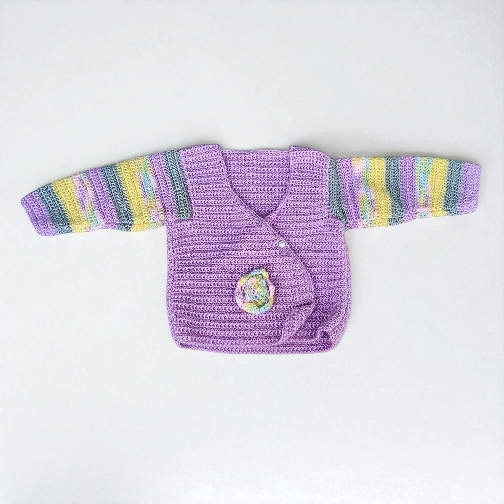 Handmade Baby Cardigan with Flower Detail, Purple and Multi-color, 12 -18 Months